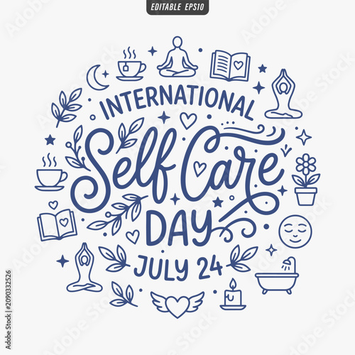 The flat design for International self care day poster focuses on simplicity, elegance, and ease of recognition. Vector Illustration