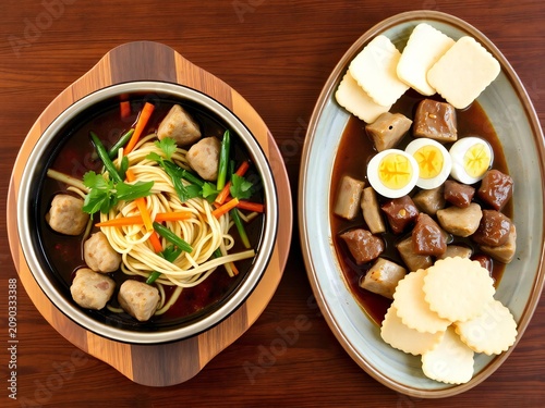 A high angle shot of a delicious meal featuring a noodle soup bowl and a plate of braised meat