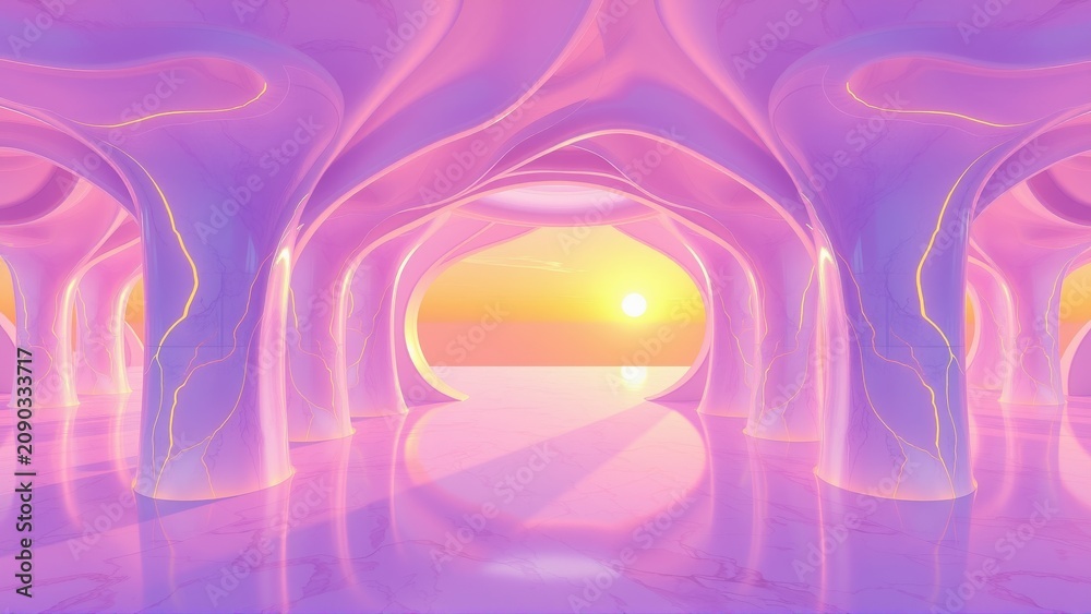Fototapeta premium Abstract cave interior. Soft pinks, purples dominate. Sunset visible beyond archway. Reflective floor creates surreal atmosphere.