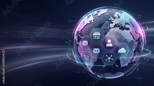 Worldwide digital connectivity concept showing futuristic globe with integrated business and technology network icons