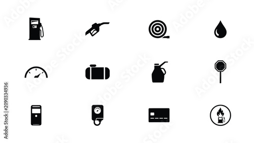Photography Minimalist black icons set featuring fuel storage tools and safety symbols on wh
