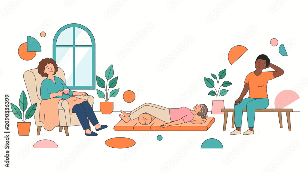 Obraz premium Flat vector illustration of menopause wellness promoting relaxation, restorative rest, hormonal balance, self care, healthy aging, and holistic wellbeing in a clean modern style.