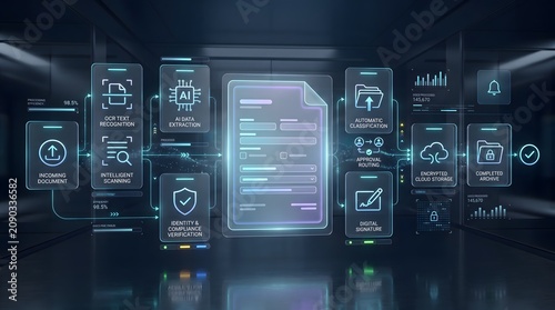 Intelligent Document Processing Interface with Identity Verification and Compliance Validation in Futuristic Corporate Environment