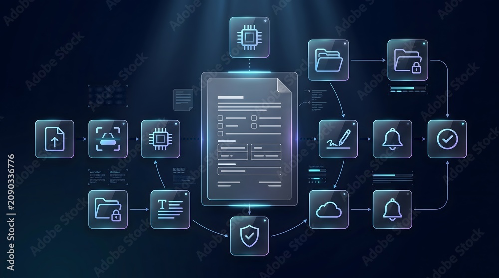 Fototapeta premium Secure Digital Workflow Automation Interface Emphasizing Data Protection AI Processing and Cloud Synchronization