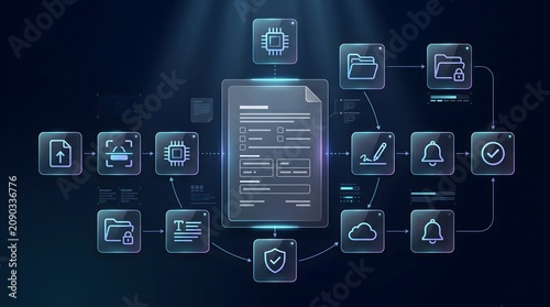 Secure Digital Workflow Automation Interface Emphasizing Data Protection AI Processing and Cloud Synchronization