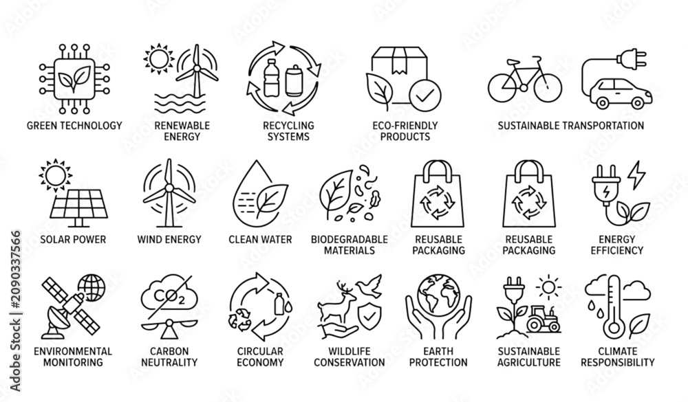 Fototapeta premium Minimal Linear Ecology Icon Collection with Editable Stroke for Green Energy and Nature