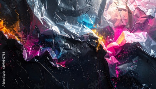 A crumpled metallic surface with vibrant pink, blue, and orange paint splatters