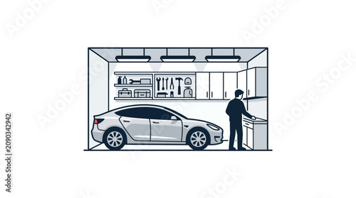 Foto Man working in an organized modern garage with electric car