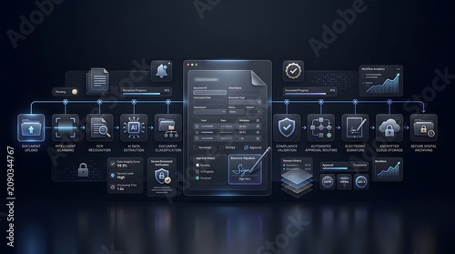 Digital Document Automation Workflow Concept with AI Data Extraction and Electronic Signature on Futuristic Interface
