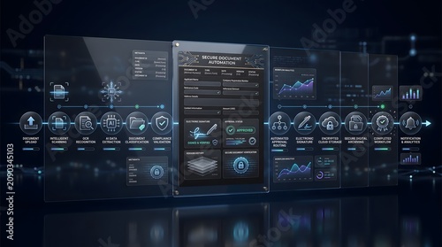 Secure Document Automation Dashboard Showcasing Workflow Analytics and Electronic Signature on Glass Panels