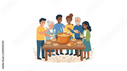Diverse Group Sharing Soup Around Wooden Table Illustration