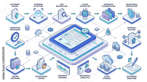 Digital Transformation Concept Showing Complete Document Lifecycle Management Workflow with AI and Electronic Signature