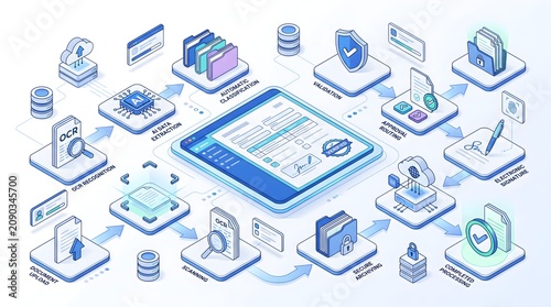 Automated Paperless Office Concept with Isometric Document Workflow AI Recognition and Electronic Approval