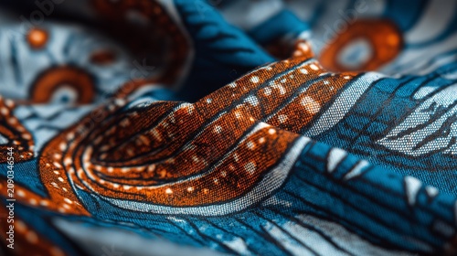 Close-up of African print fabric flat lay, rich texture and detail