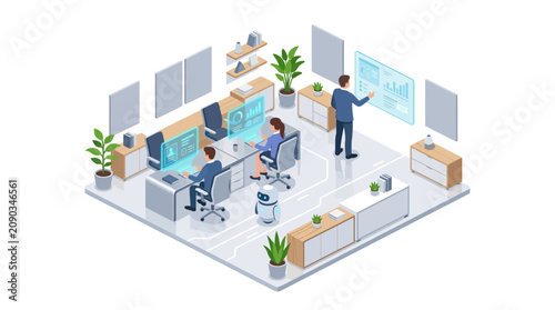 Futuristic isometric office with people working and AI robot assistant