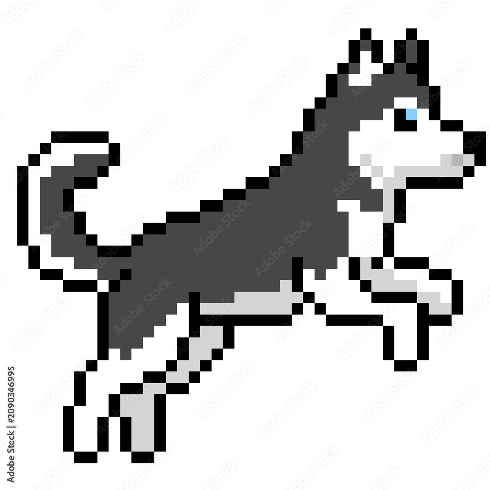 Fototapeta premium Pixel art running Siberian Husky dog icon, 8-bit cute jumping puppy