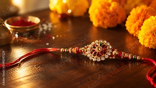Decorative rakhi bracelet with traditional marigold flowers for the raksha bandhan festival celebration on a wooden table surface