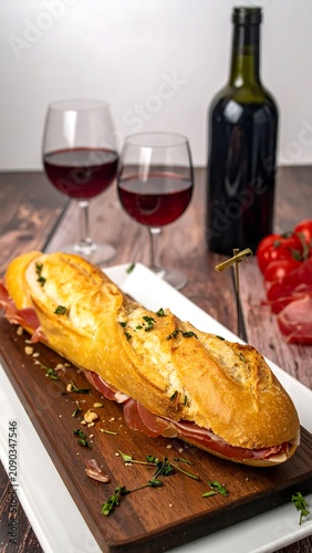 A crusty sandwich on a wooden board with wine glasses and a bottle