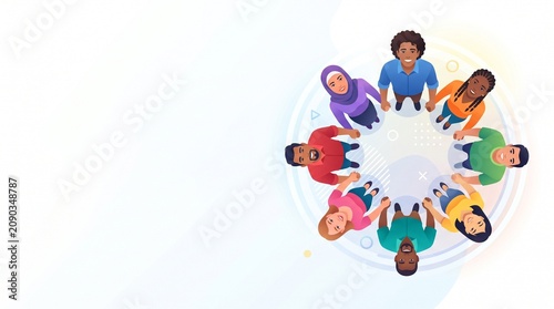 Diverse people standing in a circle holding hands, multicultural community, equality, teamwork, inclusion, cooperation, friendship, social connection, modern flat vector banner with copy space