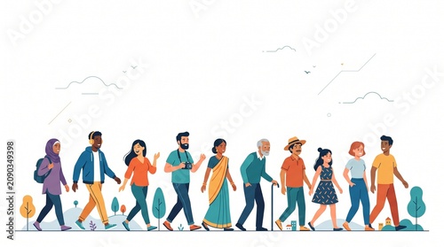 Multicultural people from different generations walking together outdoors, diversity, inclusion, travel, friendship, community lifestyle, cultural harmony, modern flat vector illustration with copy sp