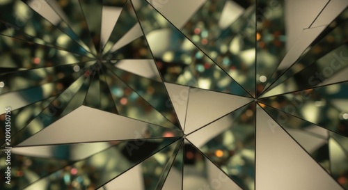 Abstract Kaleidoscope Pattern with Reflective Geometric Shapes and Light Refractions.
