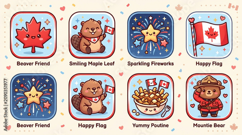 Obraz na plátně Whimsical celebratory cartoons featuring friendly bears maple leafs fireworks an