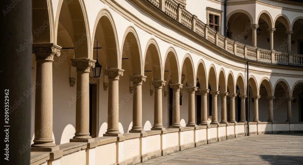 Fototapeta premium Elegant Arched Colonnade in Historic Building Courtyard.