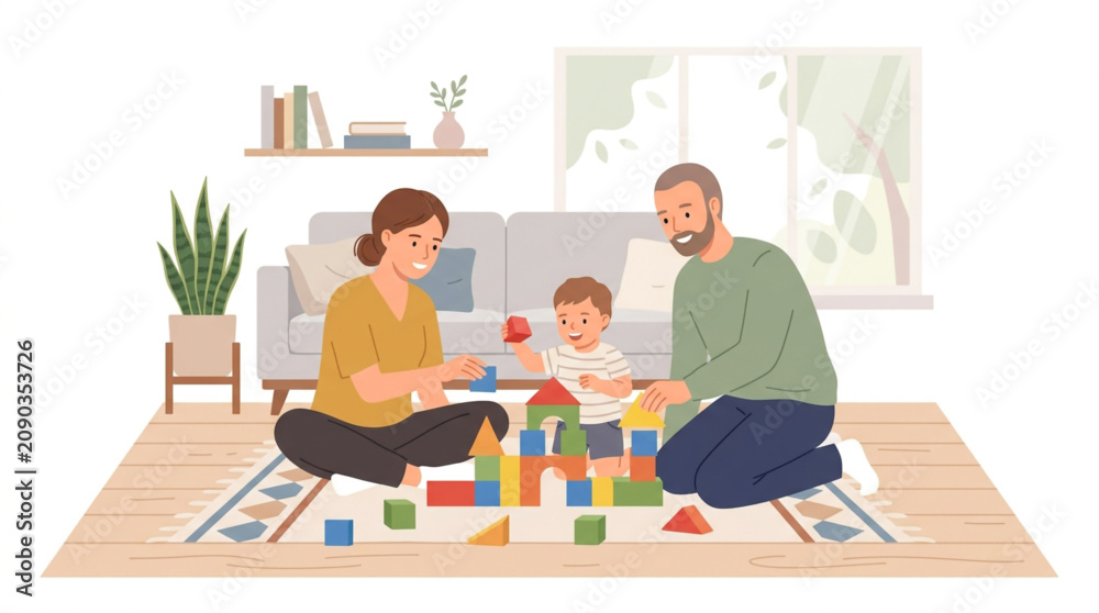 Fototapeta premium A family with a mother father and child are sitting on the floor playing with colorful blocks in a cozy living room.