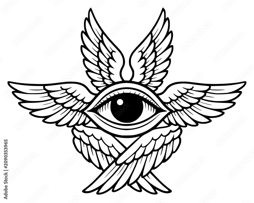 Obraz premium Detailed line art of a Seraphim angel eye surrounded by six wings and feathers, biblical celestial being illustration perfect for religious, spiritual, tattoo, and sacred art themes.