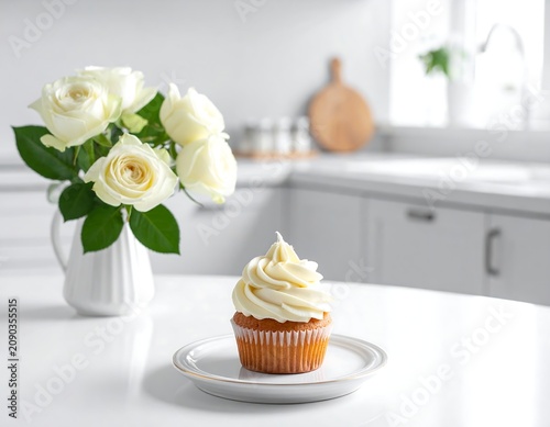 A cupcake with white frosting on a plate beside a vase of white roses on a kitchen counter