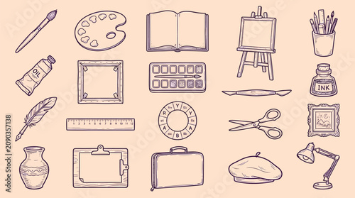 Collection of artistic tools and supplies for drawing, painting, and crafting, presented in a charming hand-drawn style.