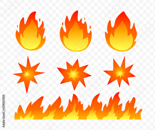 Fire icon. Vector set of fire flame emoji, flaming symbols, heat wildfire and red hot bonfire