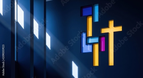 Sunlit Cross and Abstract Shapes on a Dark Wall.
