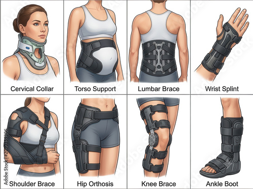 Detailed medical illustration set of orthopedic braces and rehabilitation supports isolated on white background. 