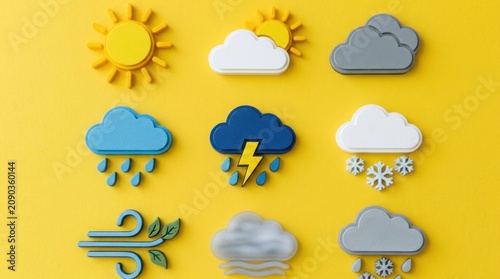 Weather Icons Collection 3D Rendered on Yellow Background.
