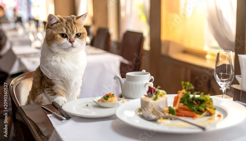 A curious cat sits at a restaurant table with food