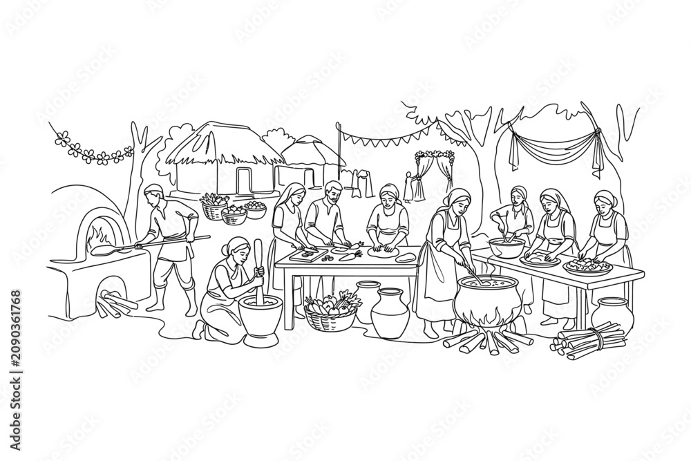 Obraz premium A group of villagers working together to prepare food in an outdoor kitchen setting.