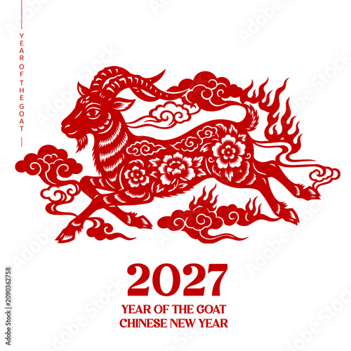 2027 Year of the Goat Chinese New Year vector illustration featuring a traditional red paper cut goat decorated with peony flowers, auspicious clouds and flame ornaments.