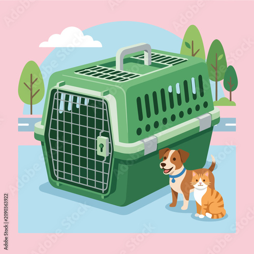 A green pet carrier sits outdoors with a dog and cat