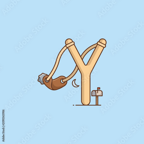 A wooden slingshot toy is displayed on a light blue background