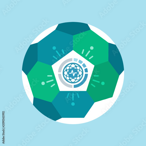 Stylized football with a health globe icon on a light blue background