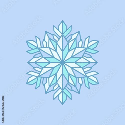 A geometric blue snowflake illustration on a light blue background