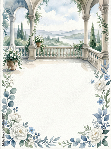 Elegant Dusty Blue Garden Terrace Watercolor Invitation Background