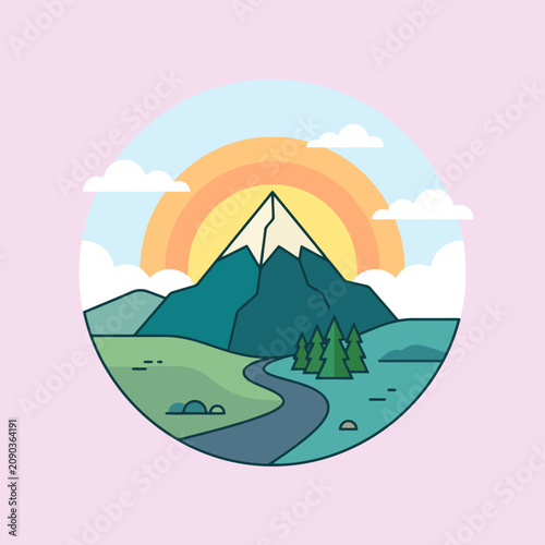 A flat mountain landscape with a winding road at sunset