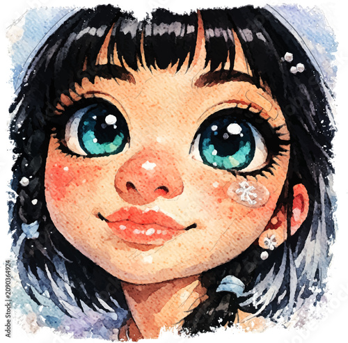 Photos AI Vector Girl Portrait Illustration – Cute Coquette Character with Dynamic Fish