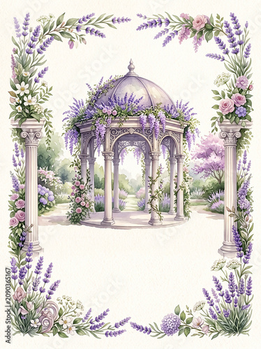 Elegant Lavender Garden Pavilion Watercolor Invitation Background