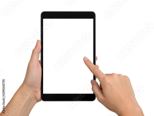 Hands holding a tablet computer with blank screen isolated on white background