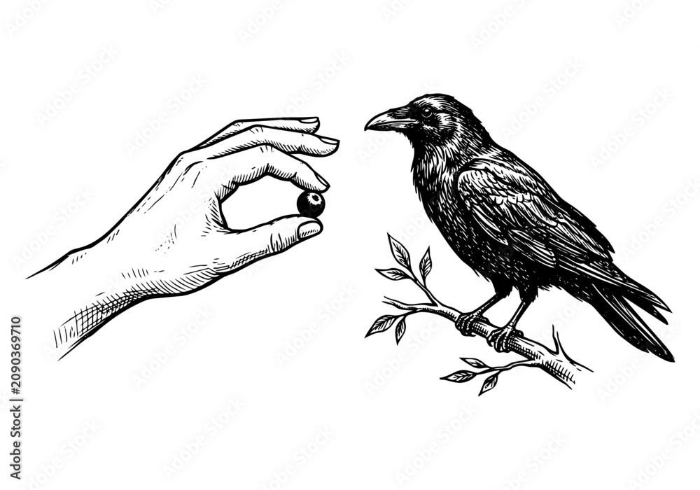 Fototapeta premium Vintage Raven Vector Illustration Hand Drawn Crow Bird Flying Perched Black And White Line Art Sketch For Gothic Halloween And Nature Graphic Design