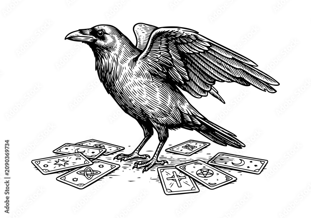 Fototapeta premium Vintage Raven Vector Illustration Hand Drawn Crow Bird Flying Perched Black And White Line Art Sketch For Gothic Halloween And Nature Graphic Design