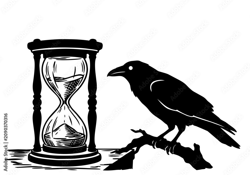 Fototapeta premium Vintage Raven Vector Illustration Hand Drawn Crow Bird Flying Perched Black And White Line Art Sketch For Gothic Halloween And Nature Graphic Design
